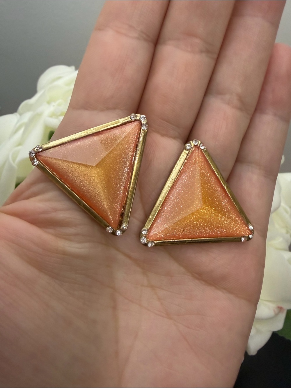 Vintage Gold-Trimmed Orange Triangle Stud Earrings